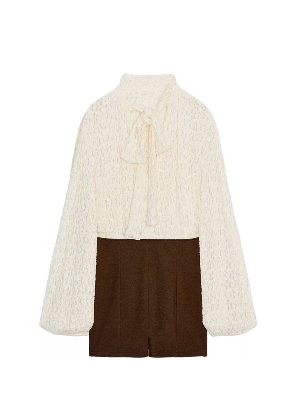 NWT Zara Cream Lace Tie-Neck Blouse with Brown Shorts Jumper Size Large